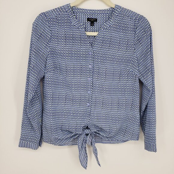 3/$25 Talbots Geometric Print Tie Front Top XSP Long Sleeve Button Down Blue - Picture 1 of 9